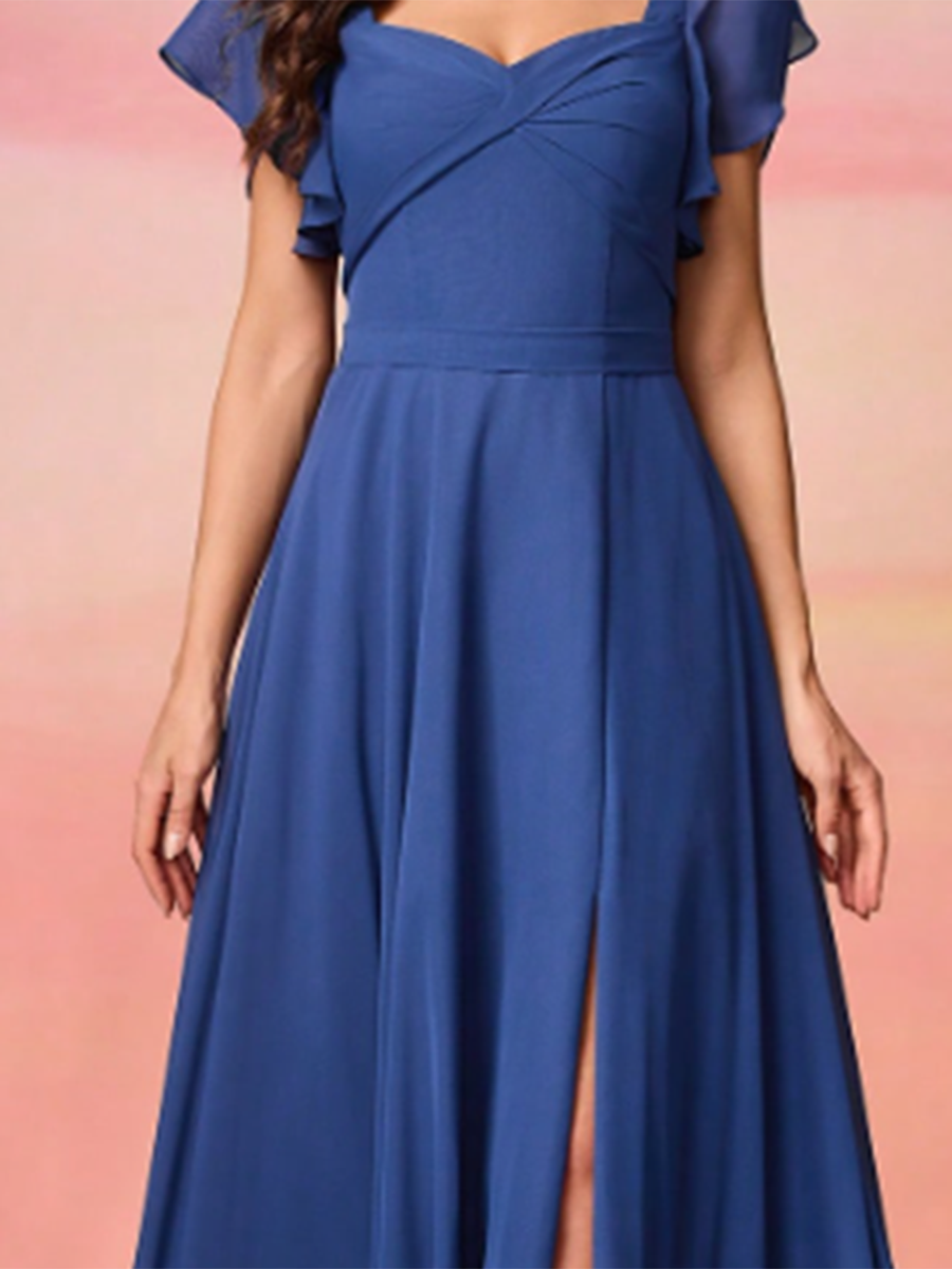 Women's Chiffon Square Neck Short Sleeve Backless Waist Hem Slit Maxi Dress MDA1931F2Y