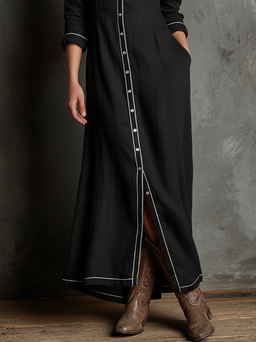 Women's Cotton-linen Blend White-trimmed Single-breasted Long-sleeved Shirt Maxi Dress MDA0723K0Y