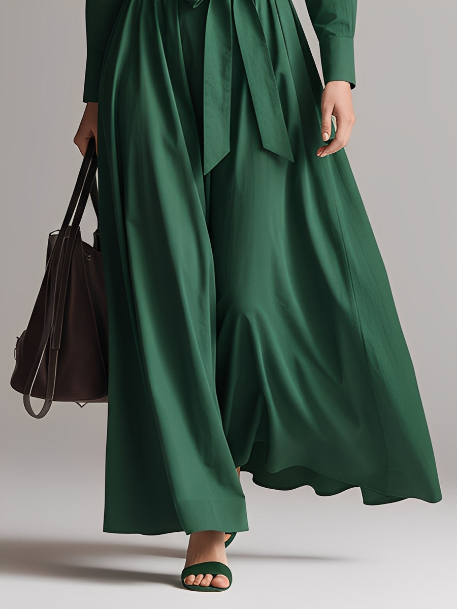 Women's Deep Green Flowing Dress With Cinched Waist & Relaxed Fit, Sophisticated Casual-Chic Style Dress MDA1639L9I