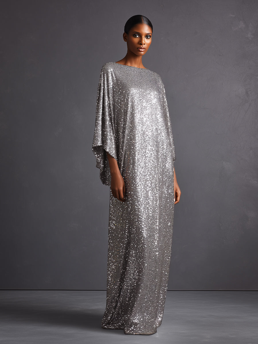 Women's Silver Sequined Elegant Dress With Batwing Sleeves & Floor-Length Cut, Glamorous Evening Style Dress MDA0434K1I