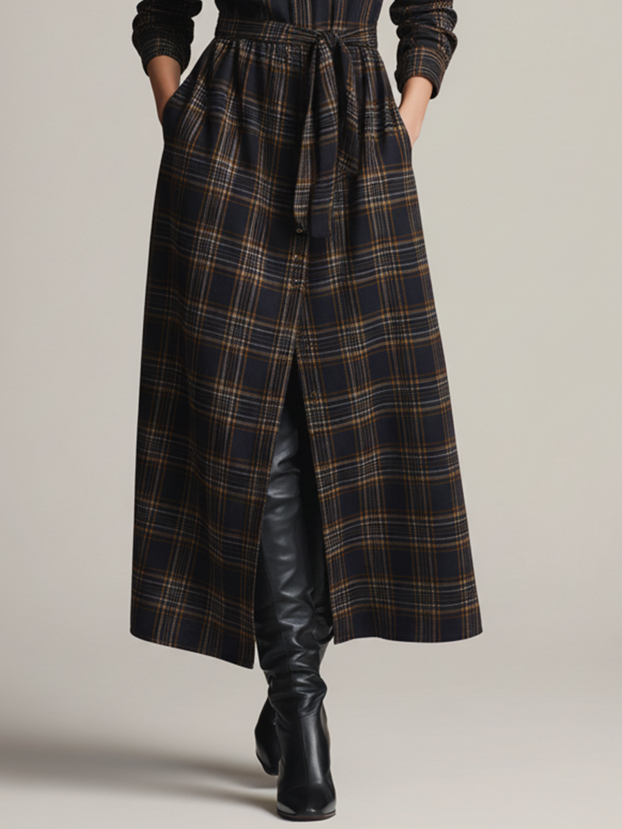 Women's Navy Blue Plaid Tweed Maxi Dress With Fitted Waist MDA3166J6T