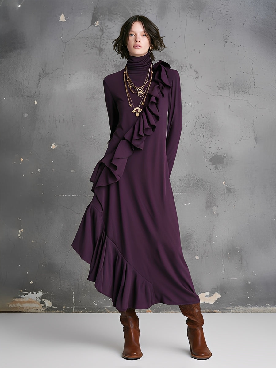 Women's Plum Stretchy Knit Dress With Turtleneck & Asymmetric Ruffles, Timeless Romantic Style Dress MDA1171L4I