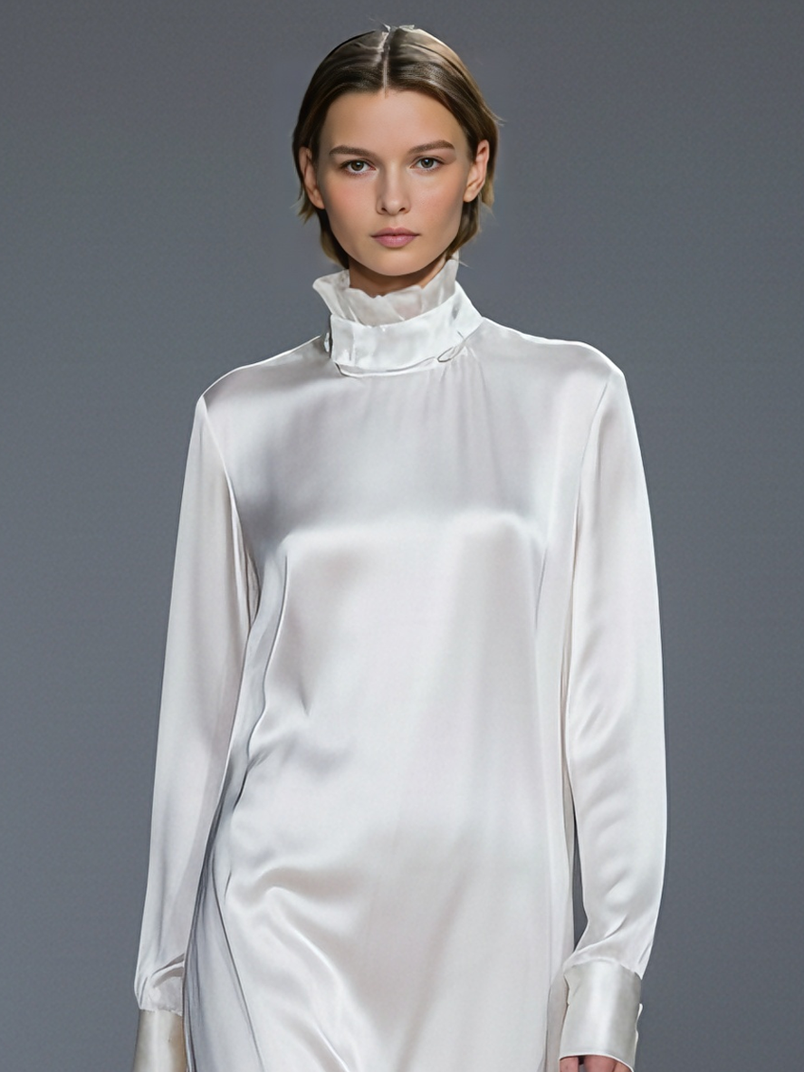 Women's Luxe Satin White Ruffled Mock-Neck Asymmetrical Hem Midi Dress MDA2018L9AU