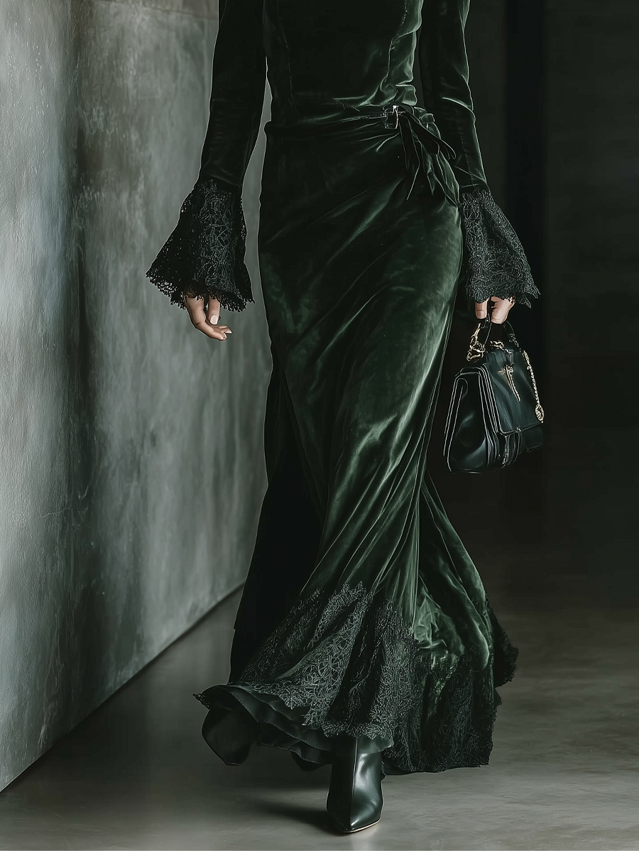 Women's Dark Green Velvet Slim-fit Maxi Dress MDA2076J0T