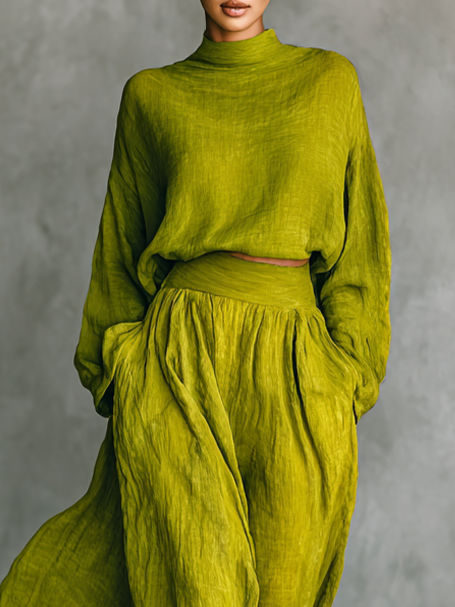 Women's Green Turtleneck Cotton And Linen Blend Suit MDA2938G4T
