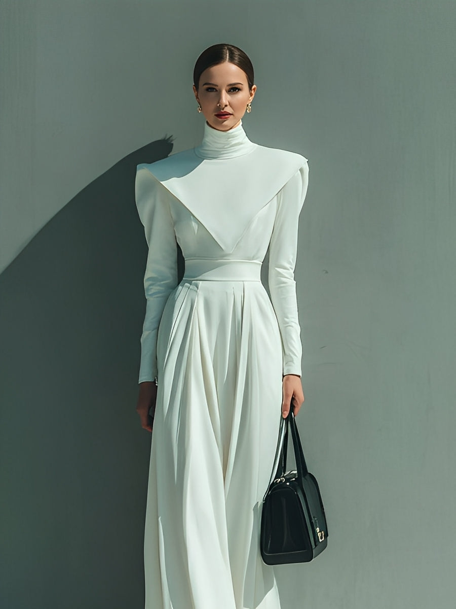 Women's White Chic Crepe Turtleneck Structured - Shoulder Maxi Dress MDA1661J5I