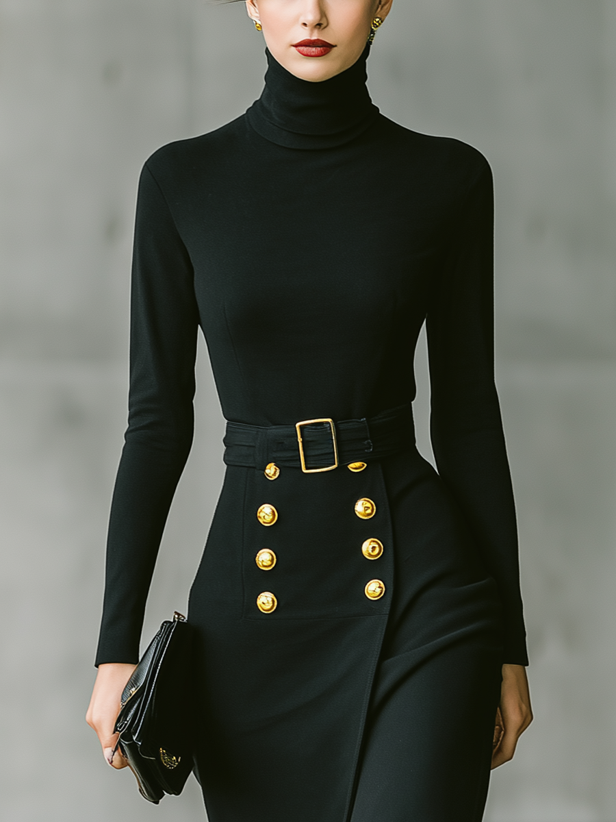 Women's Black High-Stretch Knit Top And Long Skirt Set MDA2811J7T