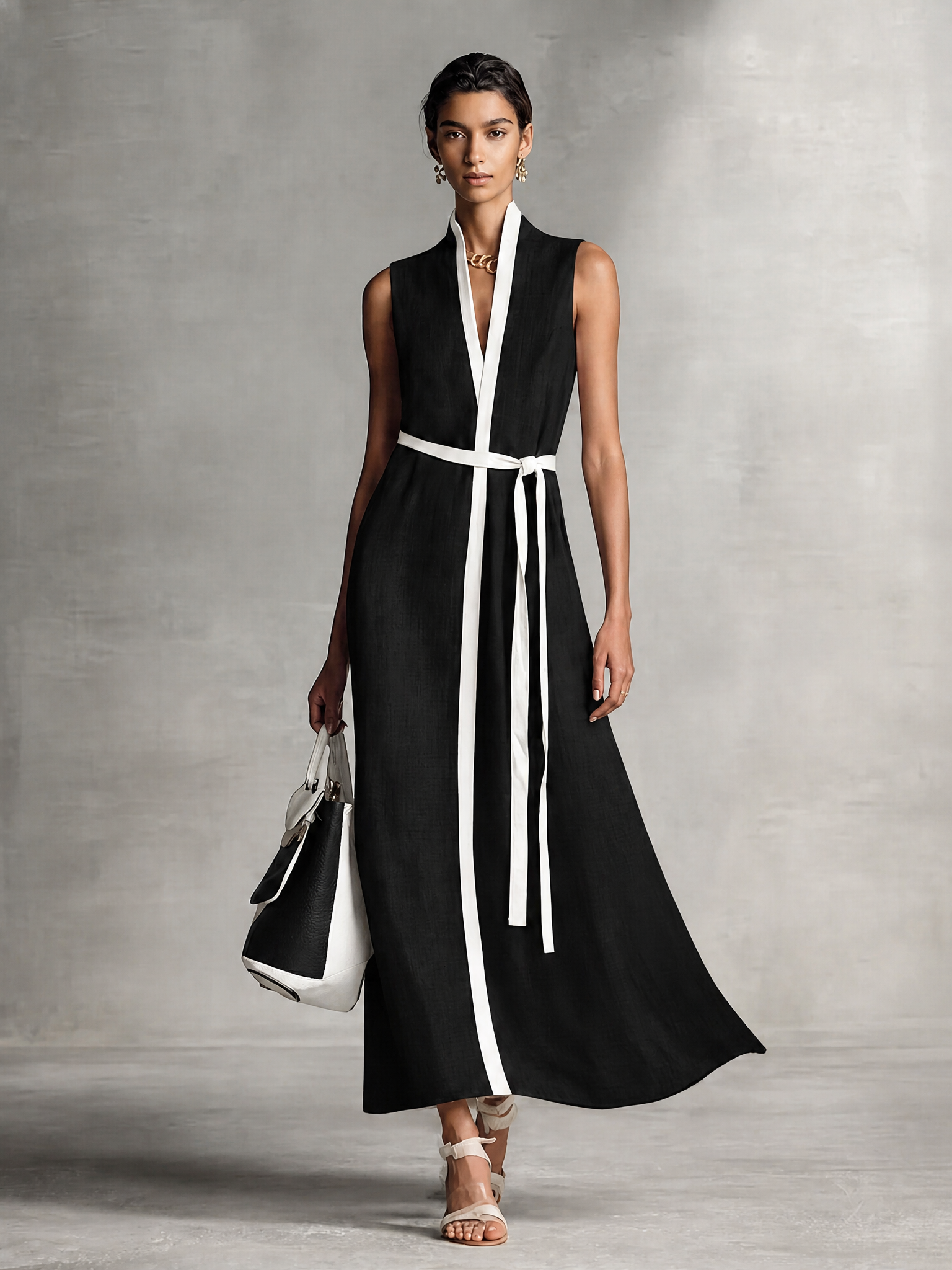 Women's Sleeveless V-Neck Tie-Waist Cotton Linen Maxi Dress MDZ1153B7BA