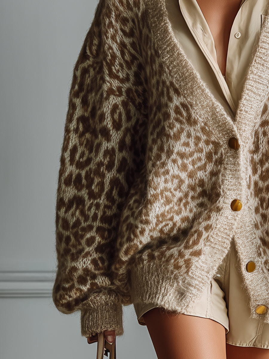 Women's Beige And Brown Leopard Print Knitted Fashion Cardigan MDA1069J5T