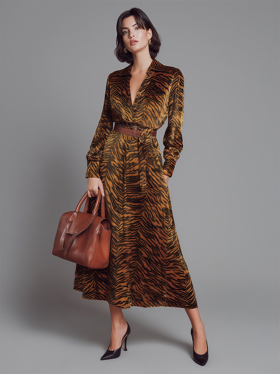 Women's Brown Animal - Print Elegant Velvet Belted Maxi Dress MDA0535H2I