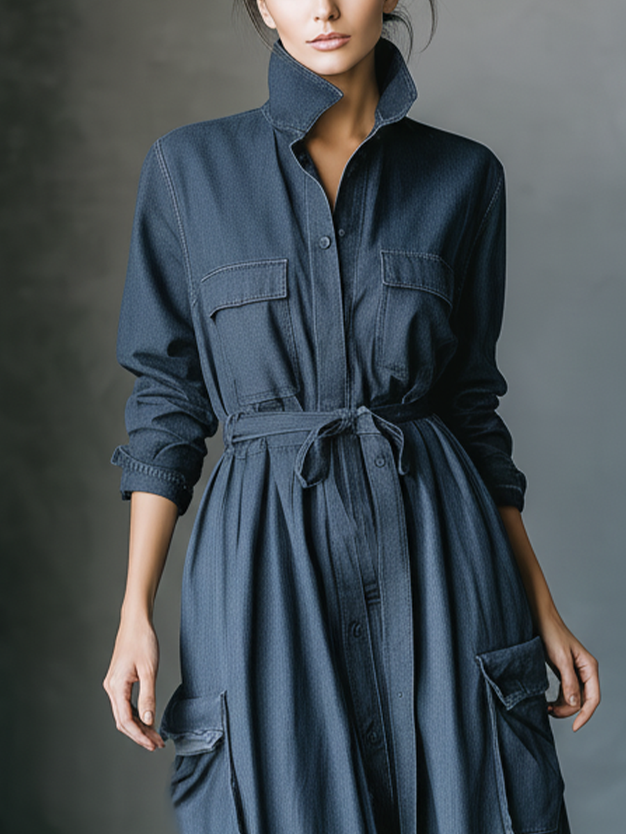 Women's Dark Gray-blue Denim Multi-pocket Tie-up Workwear Dress MDA2479K9T