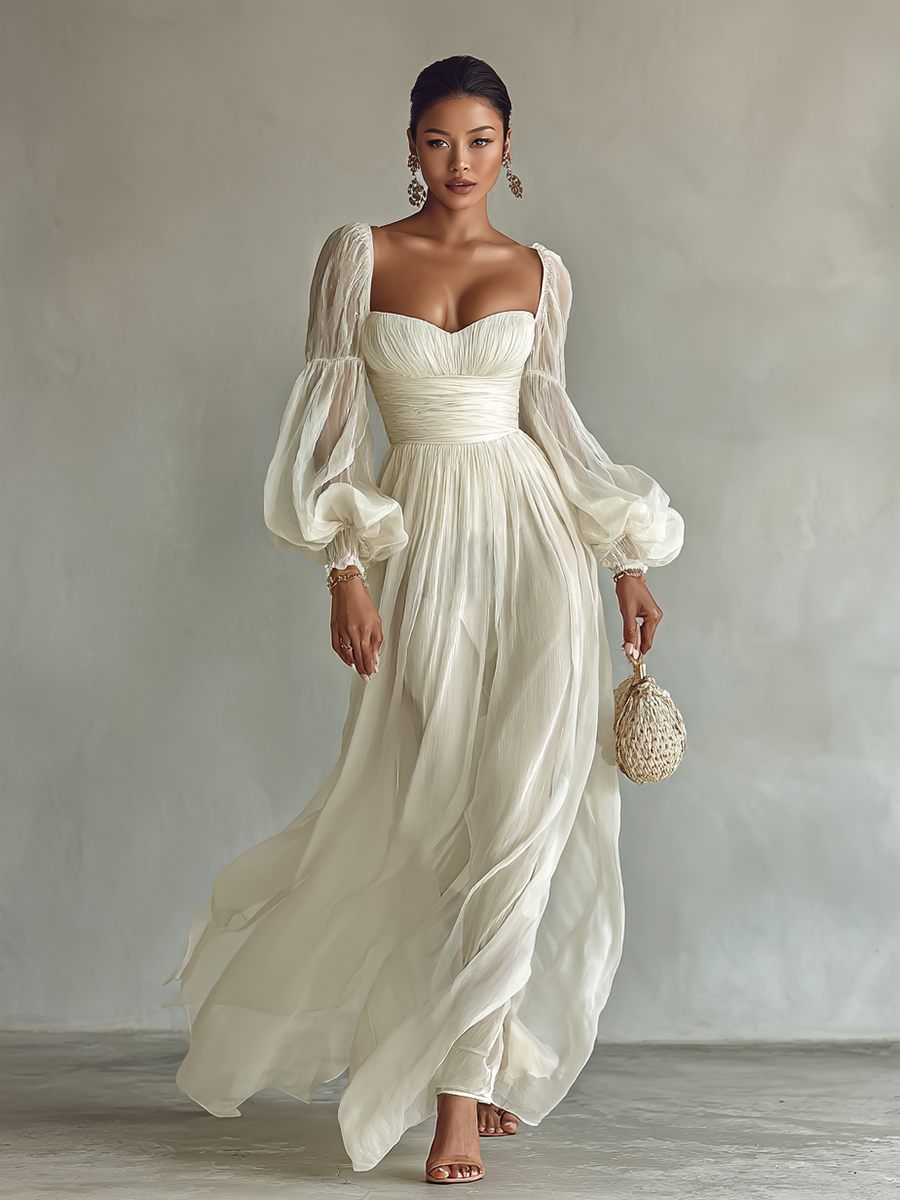 Women's Chiffon Square Neck Long Sleeve Waist Maxi Dress MDA1427G8Y