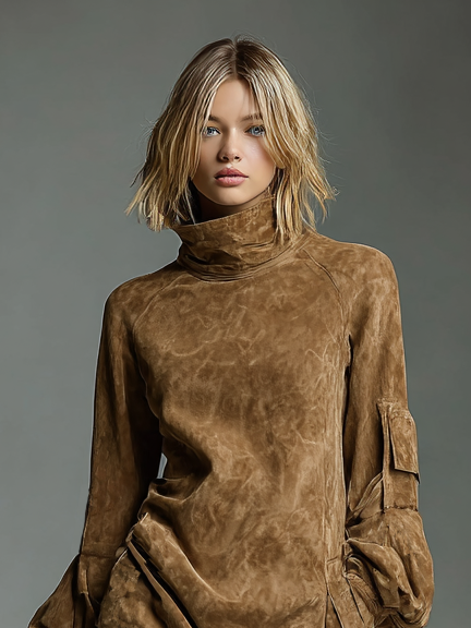 Women's Vintage Loose Suede Turtleneck Mini Dress MDA1693H3Y