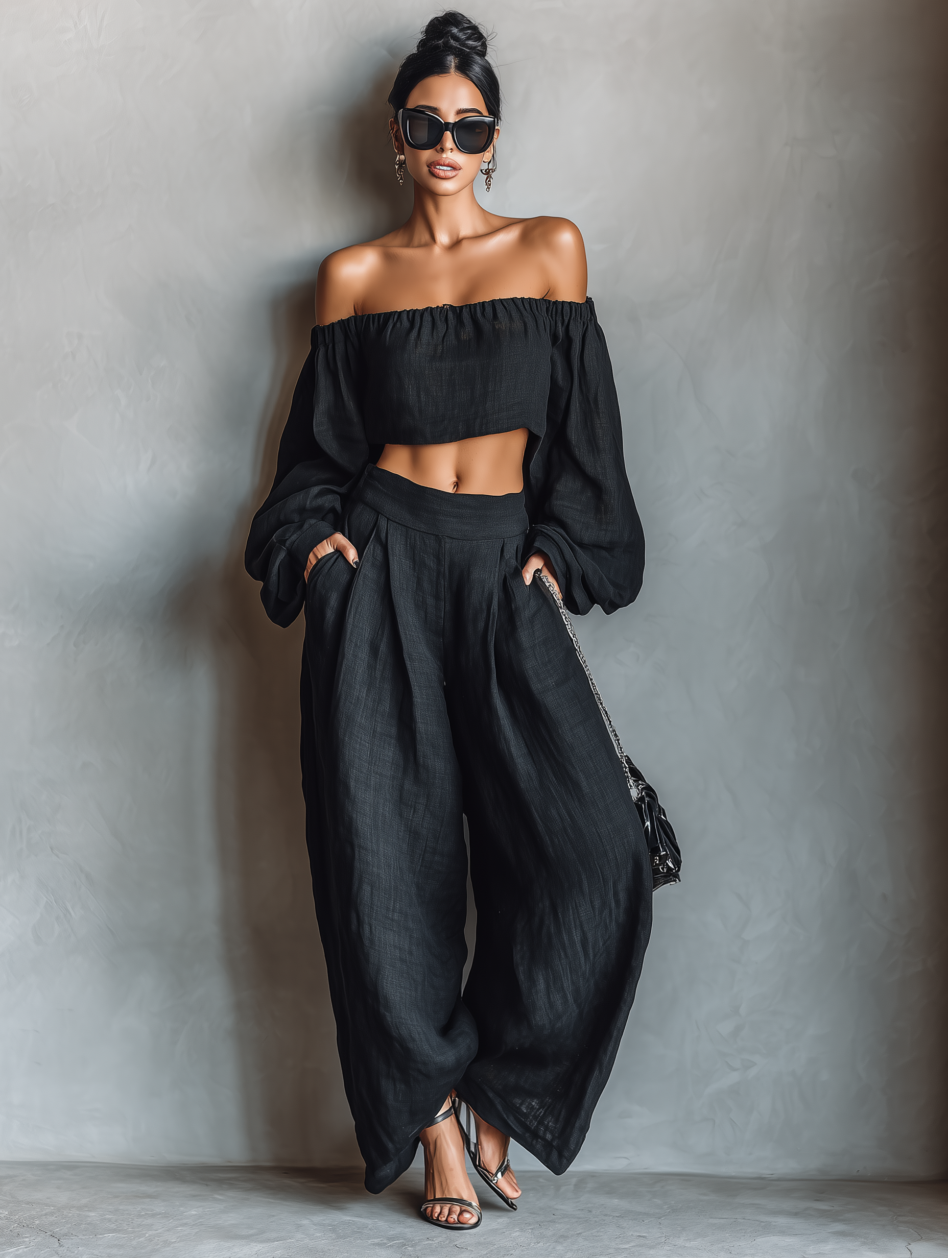 Women's Minimalist Linen Blend Strapless Long-sleeved Blouse And Wide-leg Pants Set MDA1900L7Y