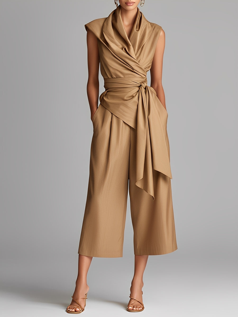 Women's Tan Textured Jumpsuit With Draped Detail & Cropped Wide-Leg Pants, Modern Bold-Chic Style Jumpsuit MDZ0788A5I