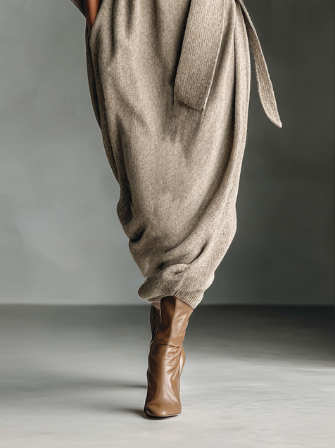 Women's Minimalist Knitted High-neck Cape Sleeve Belt Maxi Dress MDA0592I3Y