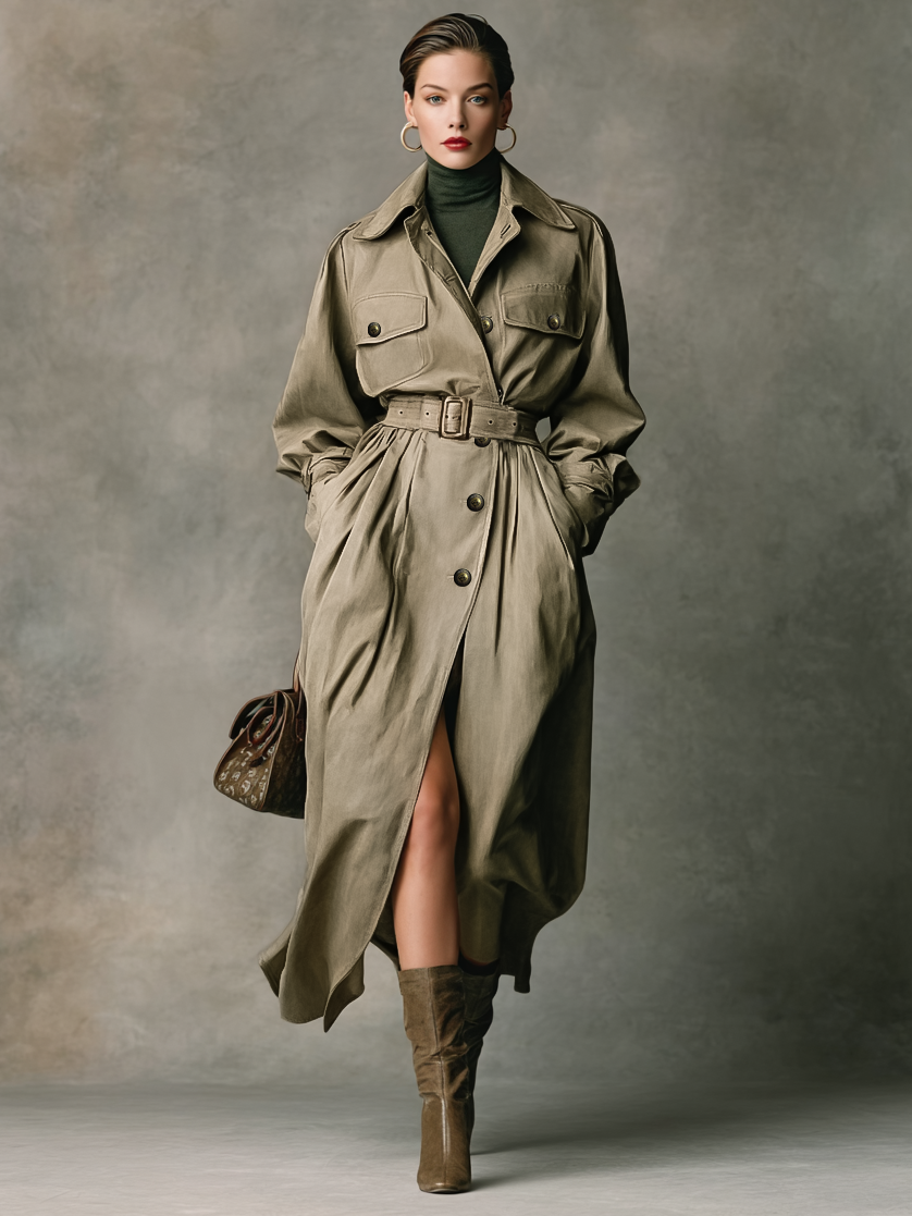 Women's Loose Single-Breasted Double Chest Pocket Belt Long Trench Coat MDA0914I4Y