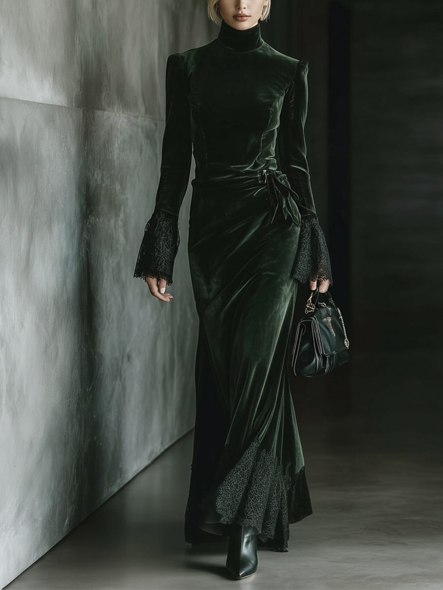 Women's Dark Green Velvet Slim-fit Maxi Dress MDA2076J0T