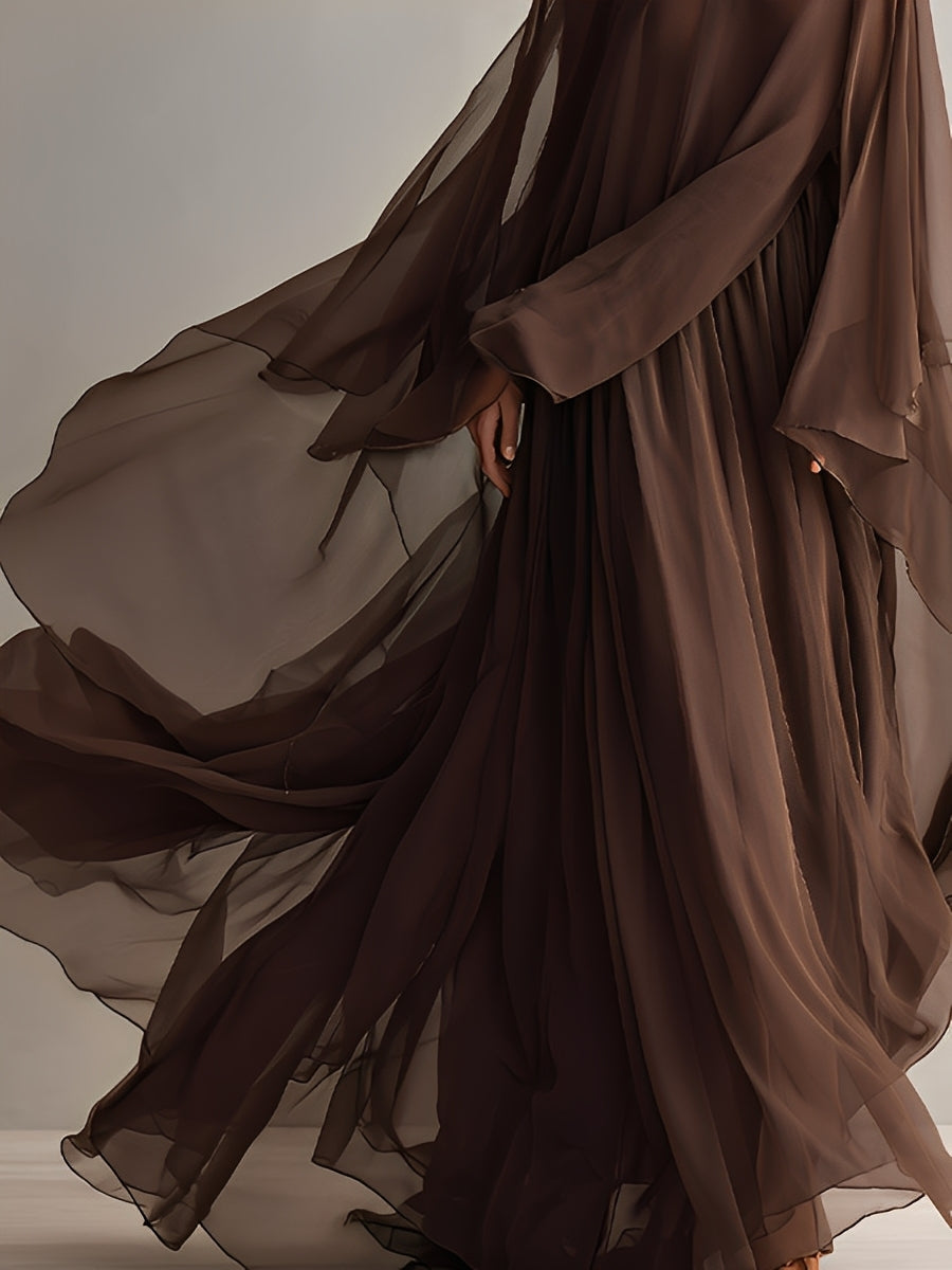 Women's Rich Brown Chiffon Dress With Flowy Maxi Silhouette & Cape-like Design, Modern Elegant-Glam Style Dress MDA1967L4I