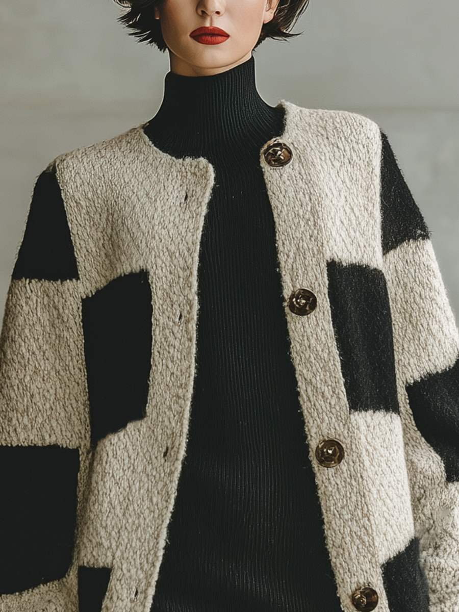 Women's Black And White Colorblock Thick Knit Loose Casual Cardigan MDA0962I7T