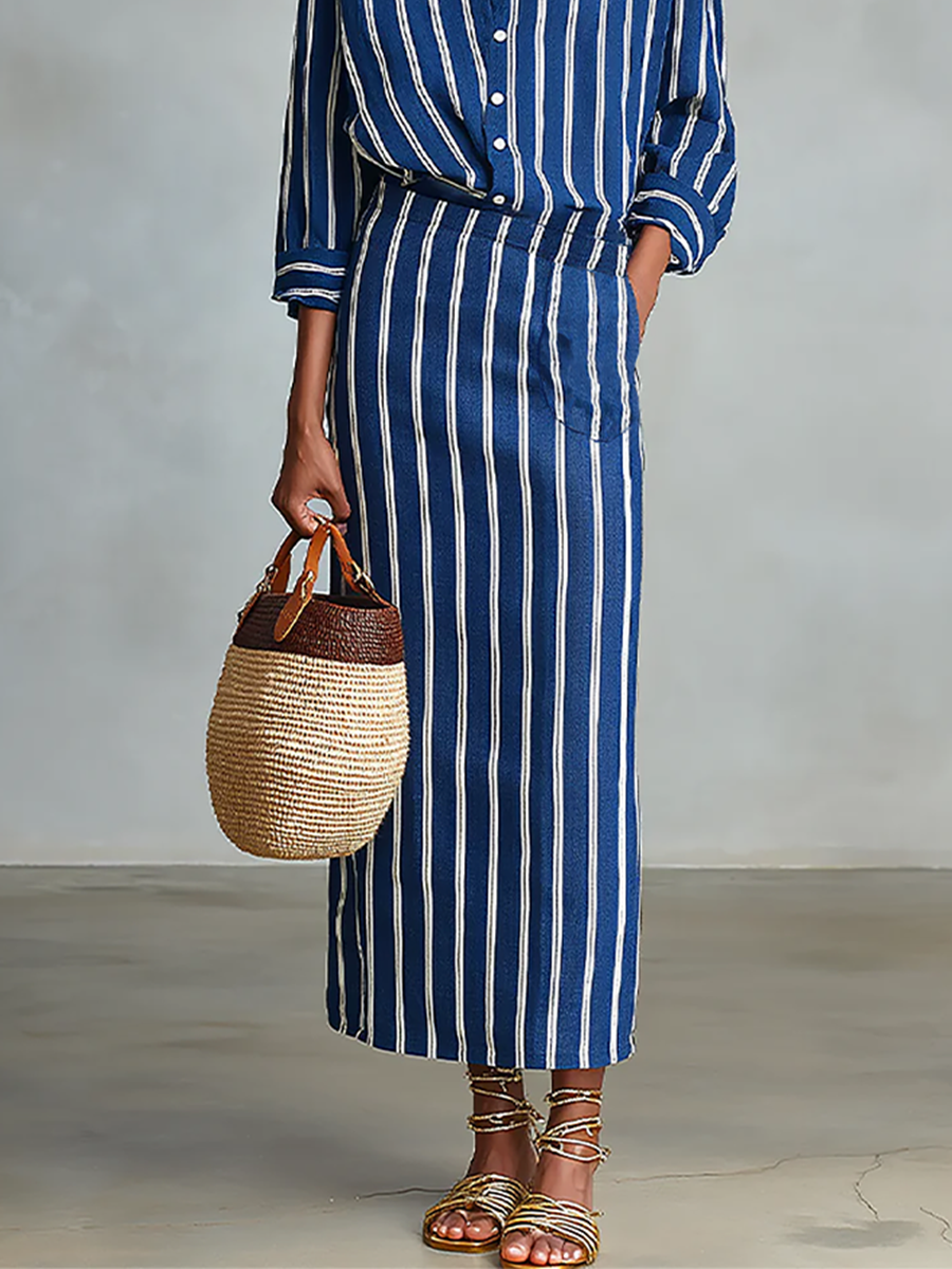Women's Royal Blue White Stripe Cotton-Blend Co-Ord With Button Front Blouse & Elastic Waist Straight Maxi Skirt, Effortless-Chic Summer Daily Outfit MDZ2304F8LYL