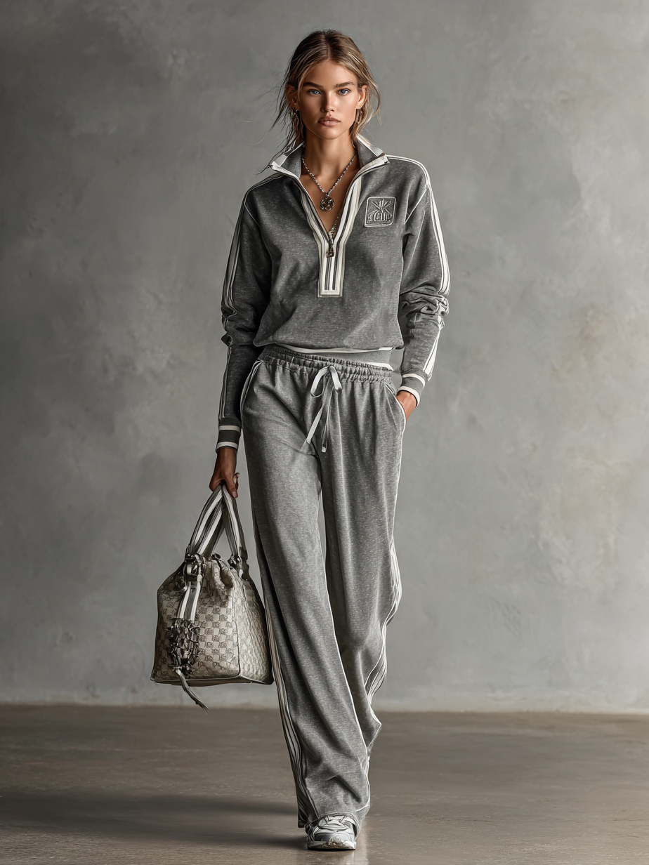 Women's Cotton Blend Embroidered White Trim Zipper Stand Collar Sweatshirt And Sweatpants Set MDA0782H9Y