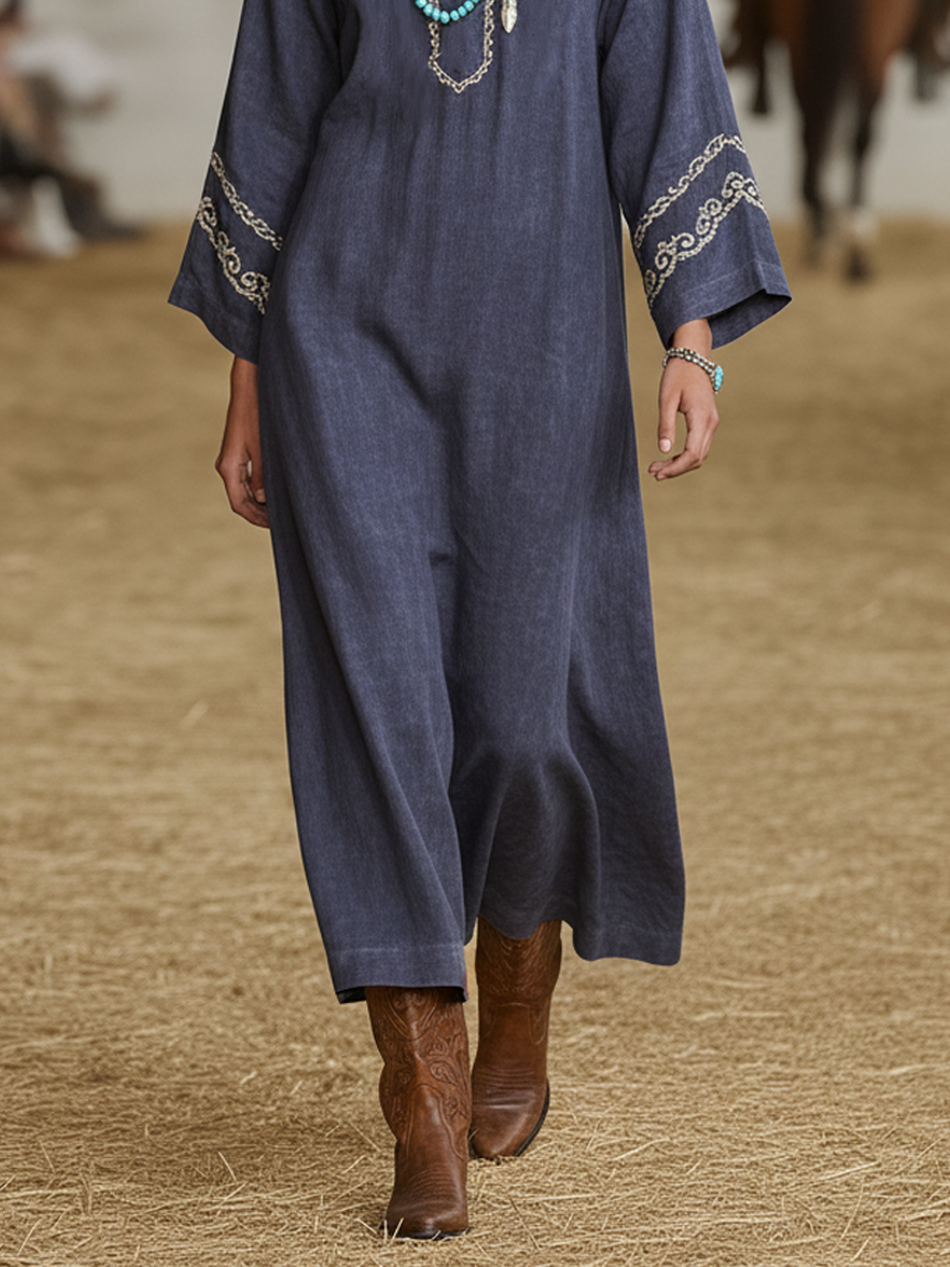 Women's Loose-fitting Straight-cut Faux Suede V-neck Embroidered Maxi Dress MDA0503K4Y