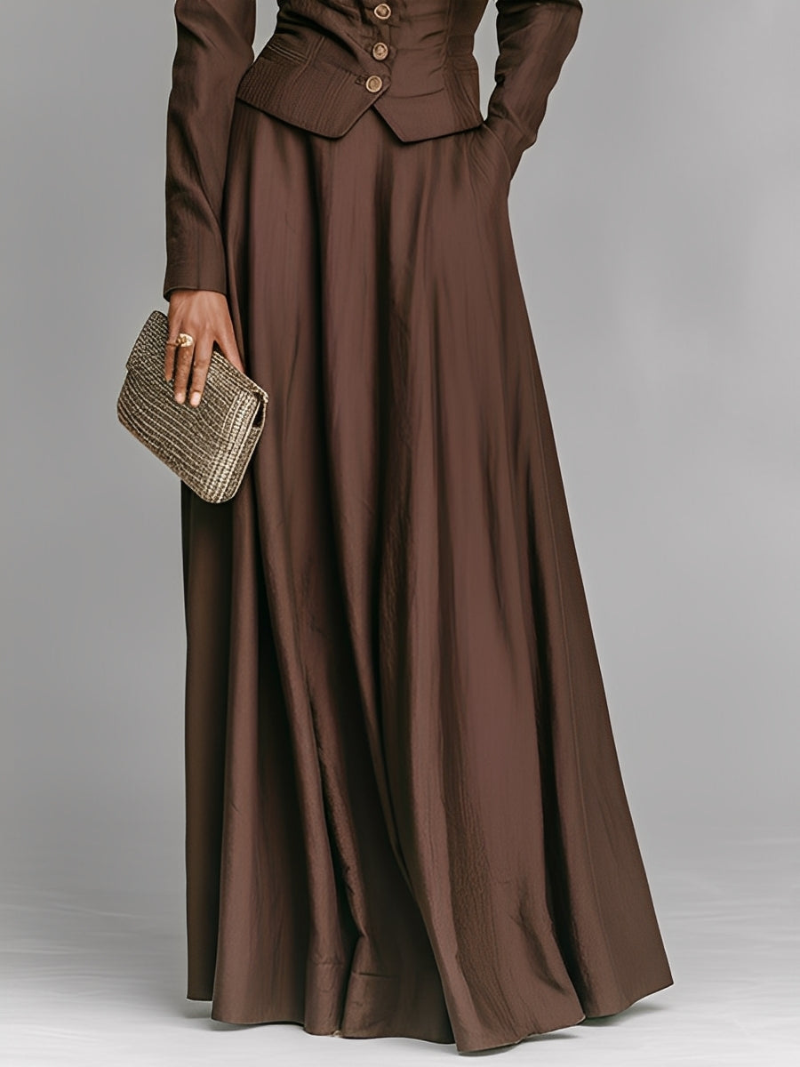 Women's Brown Cotton-Linen Blend Classic Lapel Blazer And Long Skirt Suit MDA0109K1I