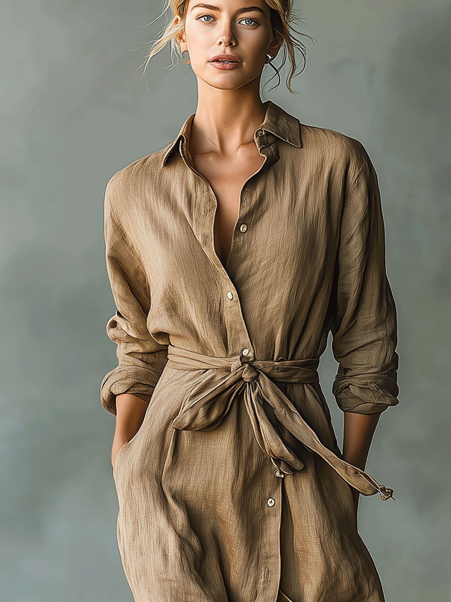 Women's Vintage Lapel Blended Shirt Maxi Dress MDA2952G4I