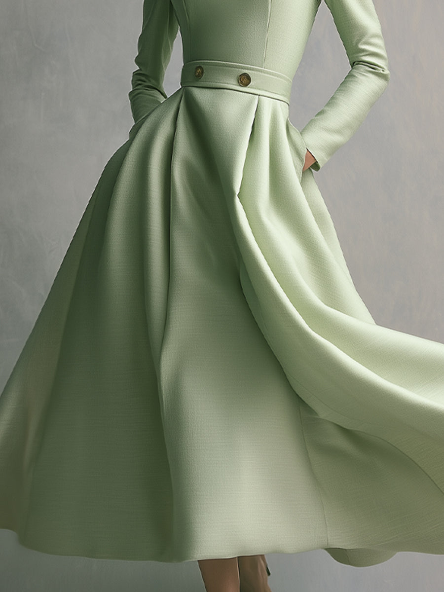 Women's Soft Green Flowing Dress With Pockets & Cinched Waist, Sophisticated Formal Style Midi Dress MDA1553L8I