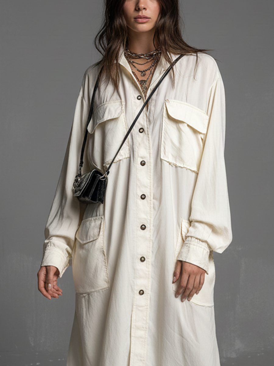 Women's Ivory Cotton And Linen Blend Oversized Button-Front Pocketed Shirt Dress MDA1293L0T