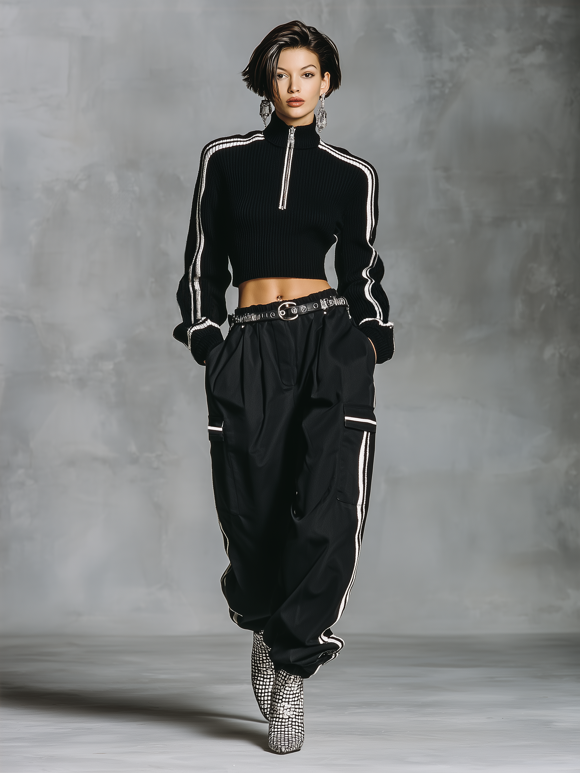 Women's Minimalist White Trim Zip-up Collar Short Sweater And Cargo Pants Set MDA2464K6Y