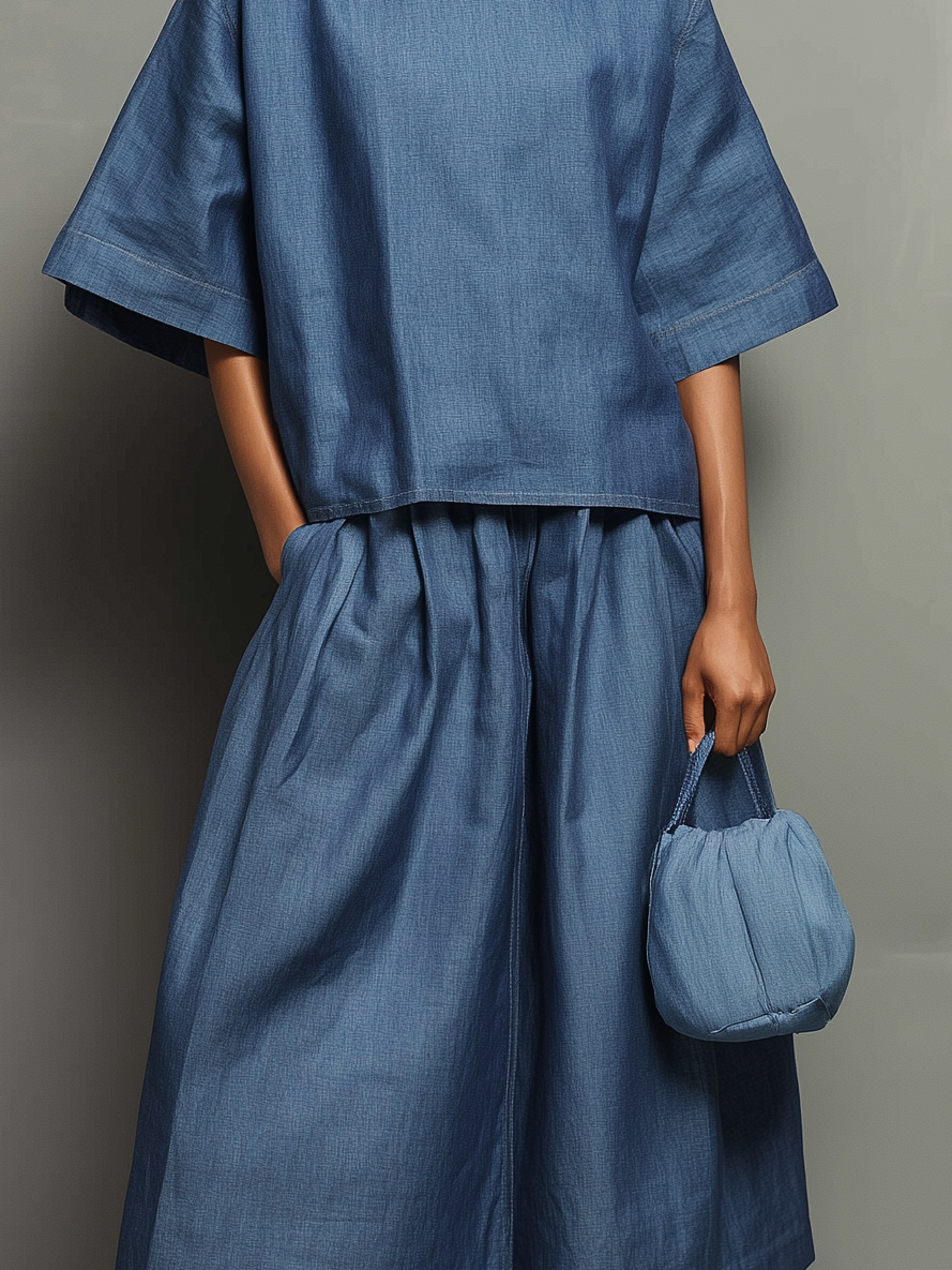 Women's Casual Denim Blue Loose-fitting Long-sleeved Round-neck Top (denim-like Fabric) Paired With A Skirt MDA2641L0AN