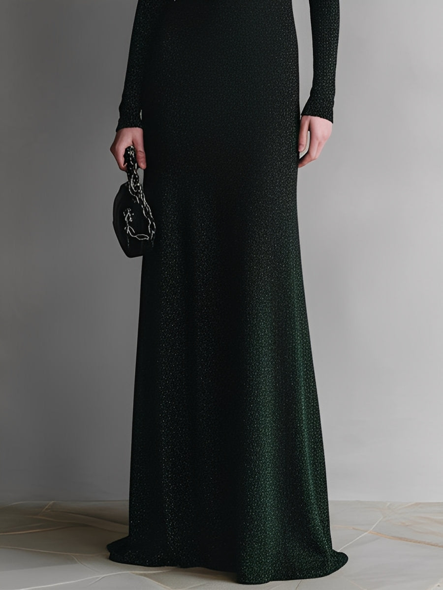 Women's Green Glitter Knit Fashion-Forward Cold-Shoulder Collared Gown Dress MDA3119J5I