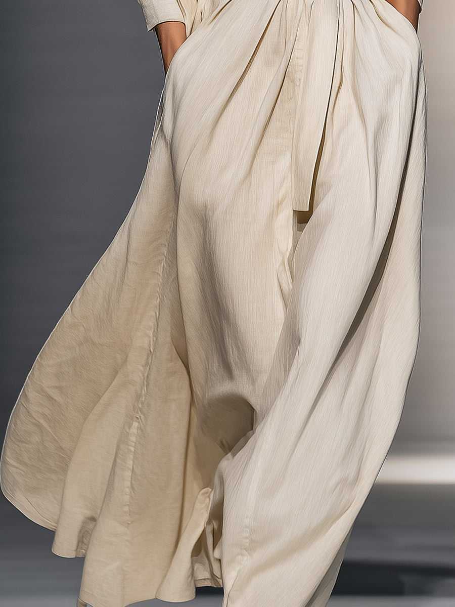 Women's Beige Elegant Linen Cotton Blended Belted Maxi Shirt Maxi Dress MDA1198H9I