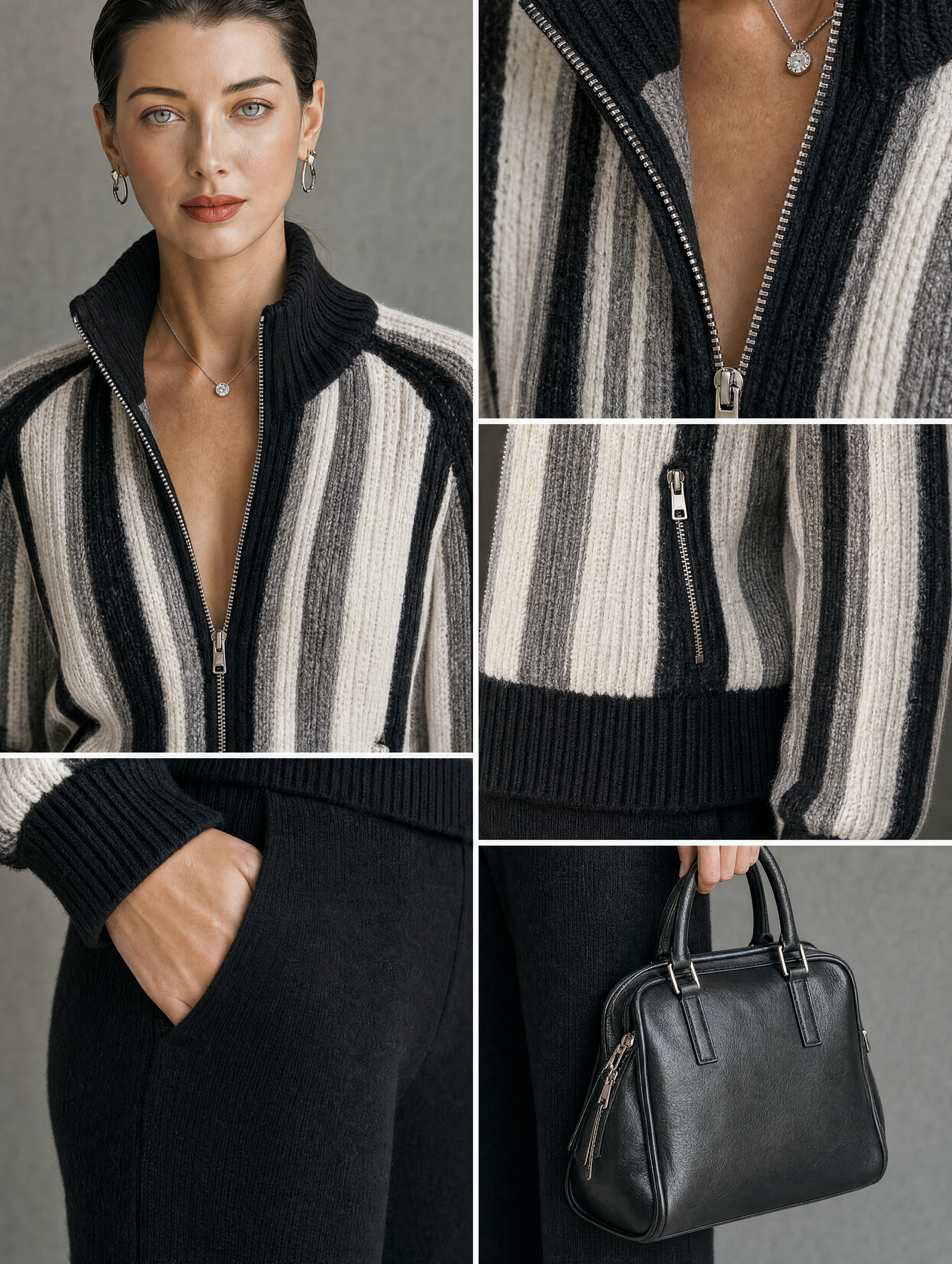 Women's Vintage Vertical-Stripe Zip-Up Cardigan With Stand Collar MDZ2167H4WY