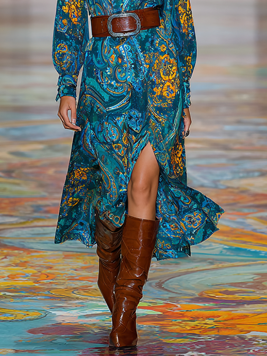 Women's Paisley Print Stand Collar Long Sleeve Loose Slit Midi Dress (Belt Not Included)MDA2485G7Y