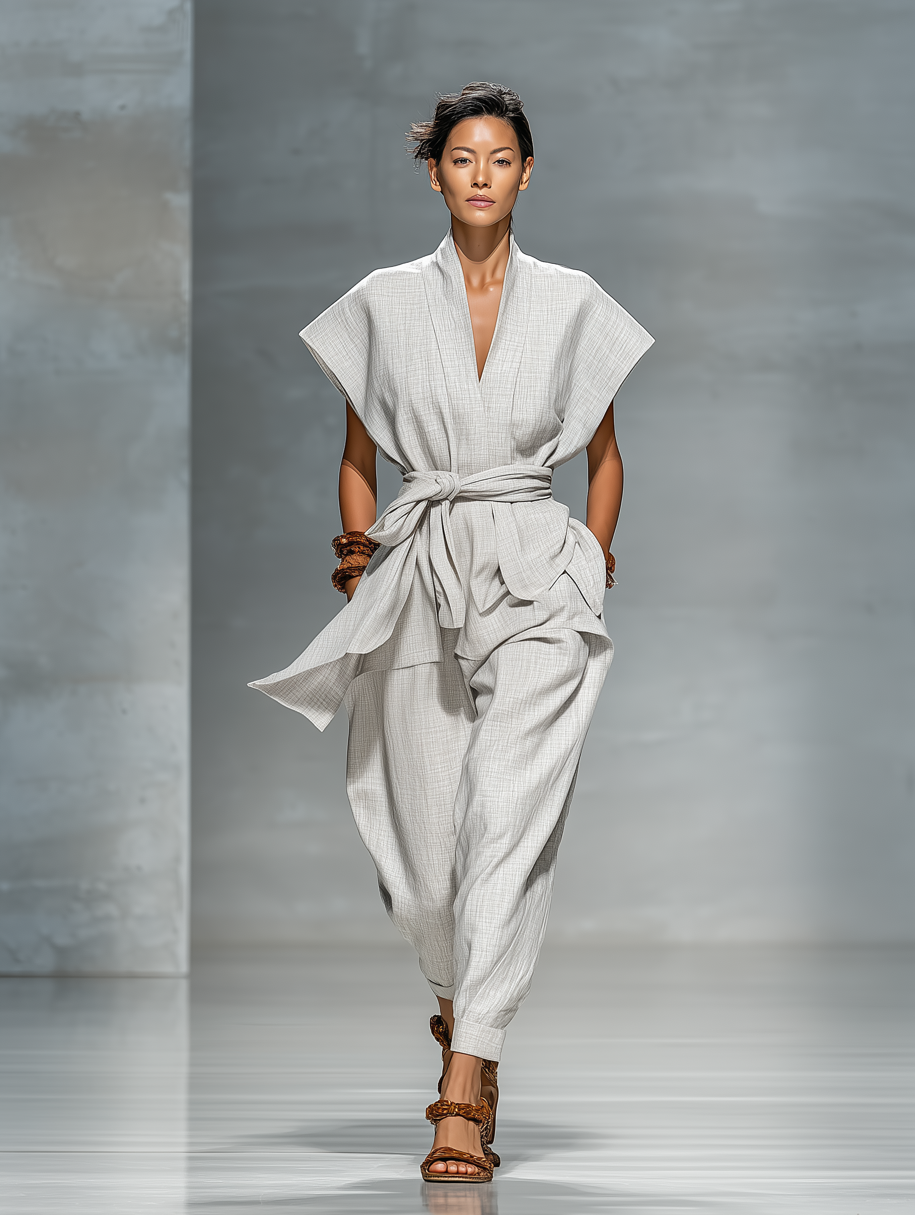 Women's Stylish Light Gray Cotton And Linen Blend Sleeveless V-neck Loose Top And Pants Set MDA2926L7AN