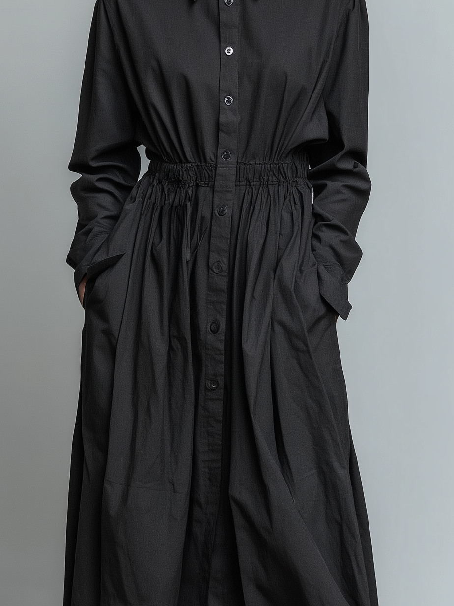 Women's Elegant Black Woven Shirt Collar Long-sleeved Midi Dress MDA2281L0AN