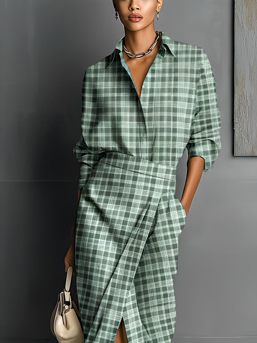 Women's Light Green Plaid Cotton-linen Blend Shirt And Slit Maxi Skirt Suit MDA2981K7T