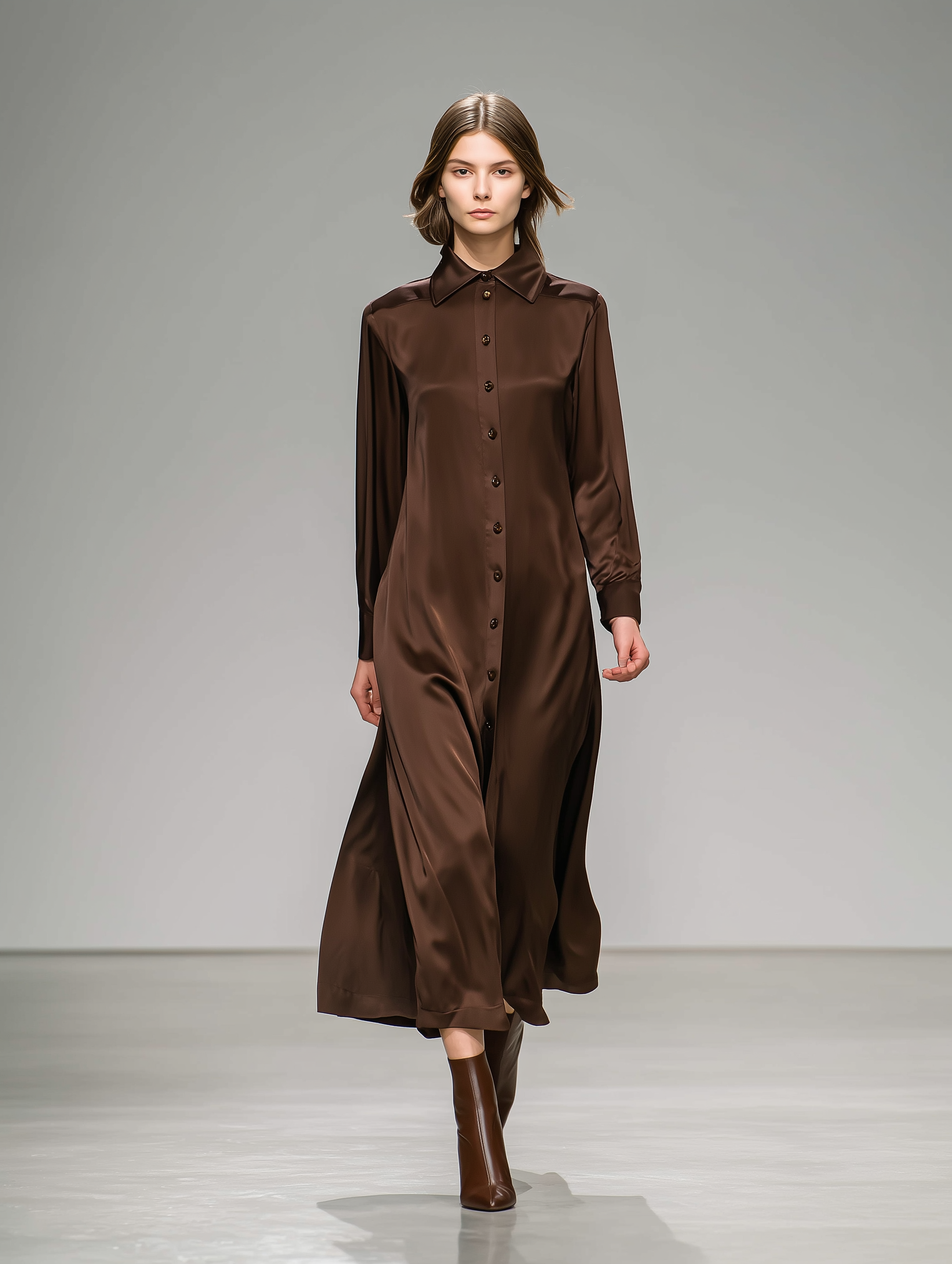 Women's Elegant Dark Brown Satin Long-sleeved Shirt Dress MDZ0934A2AN