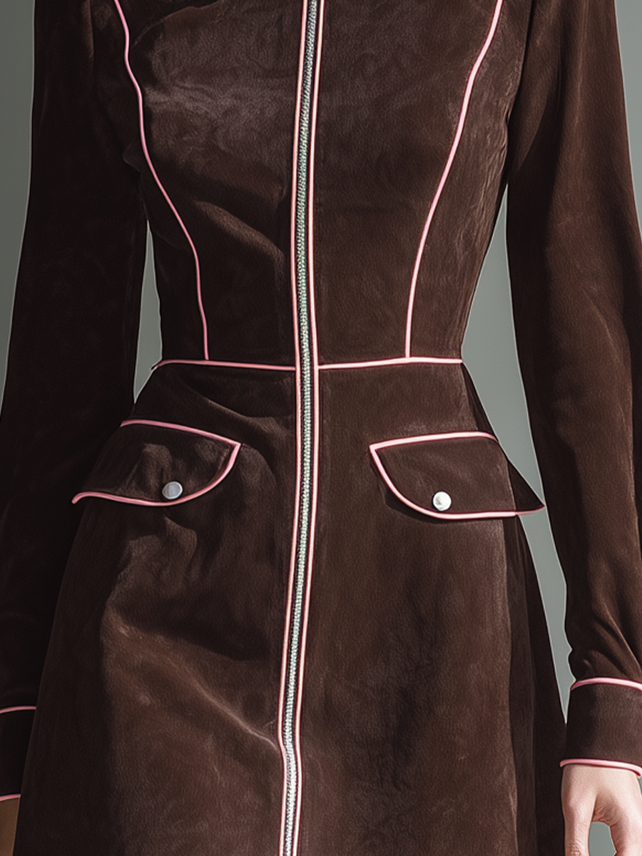 Women's Chocolate Brown Faux Suede Color-Blocked Zipper Dress MDA2763K1T