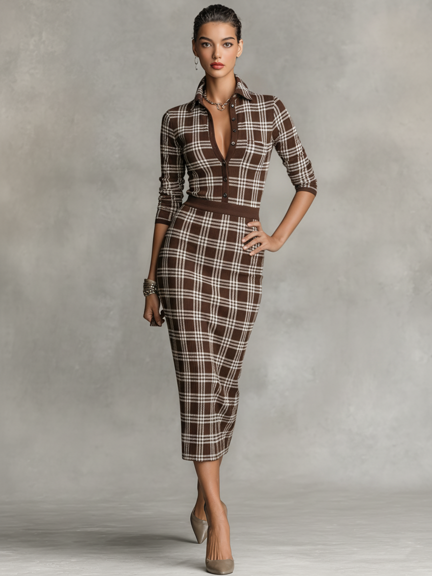 Women's Minimalist Check Knit Button-down Collar Long-sleeved Midi Dress MDA0970L3Y