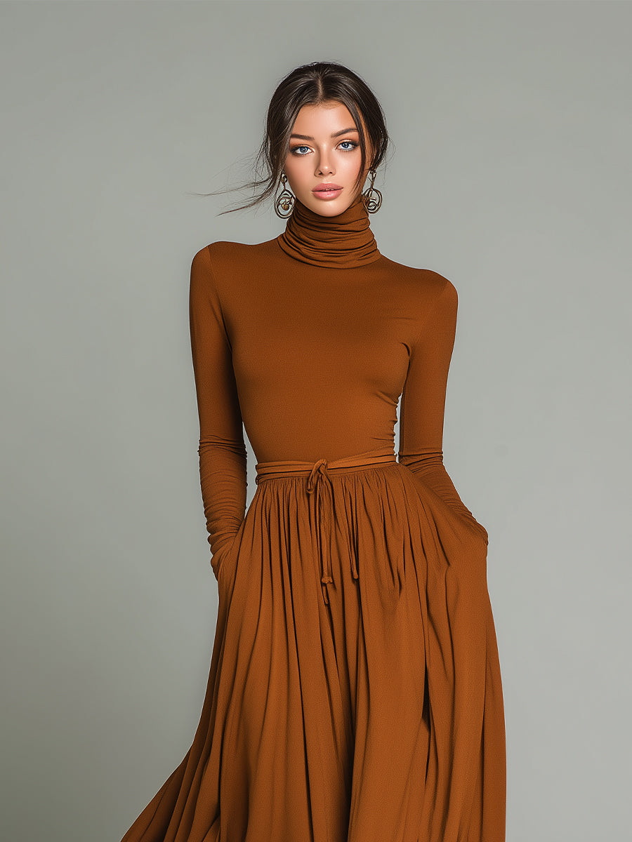 Women's Brown Elegant Stretch Polyester-Cotton Blend Turtleneck Belted Maxi Dress MDA1652J1I
