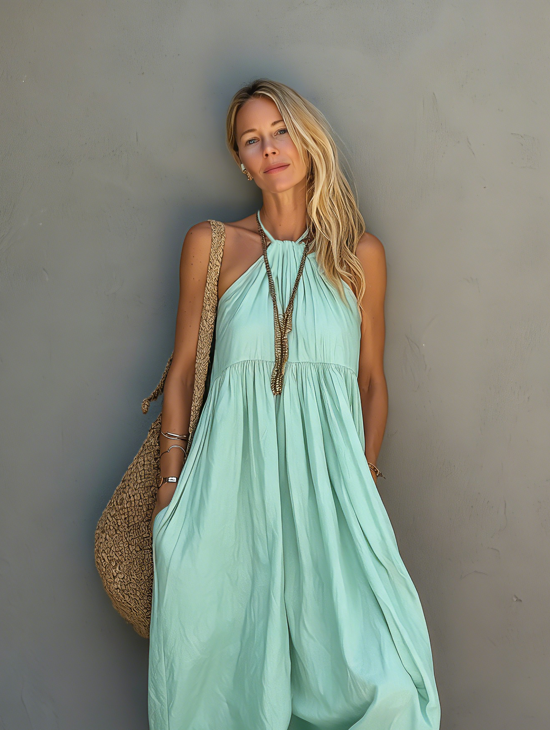 Women's Casual Woven Halter-Neck Sleeveless Jumpsuit In Mint Green MDZ0802E5LXY