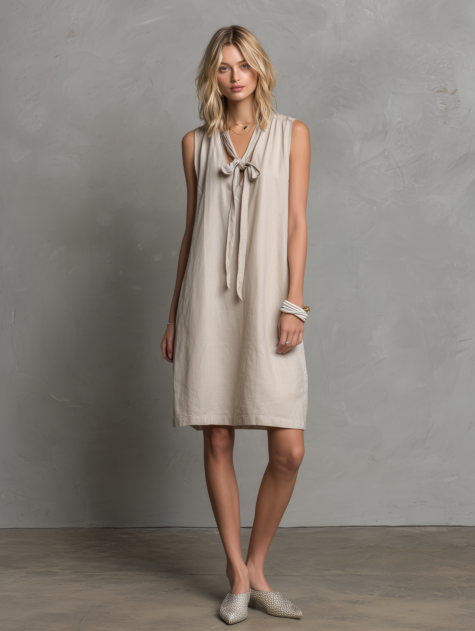 Women's Simple Beige Cotton Linen V-neck Sleeveless Loose Midi Dress MDZ2573B9AN