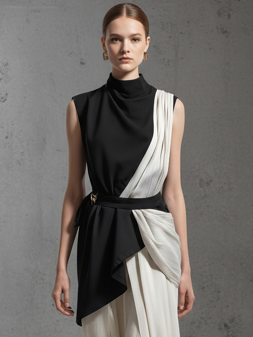 Women's Modern Woven Black &  Apricot  Color-Block Cowl-Neck Ruched Midi Dress Set MDA1588L8AU