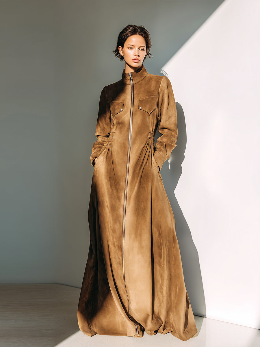 Women's Camel Elegant Suede Zip - Front Maxi Dress MDA0675H9I