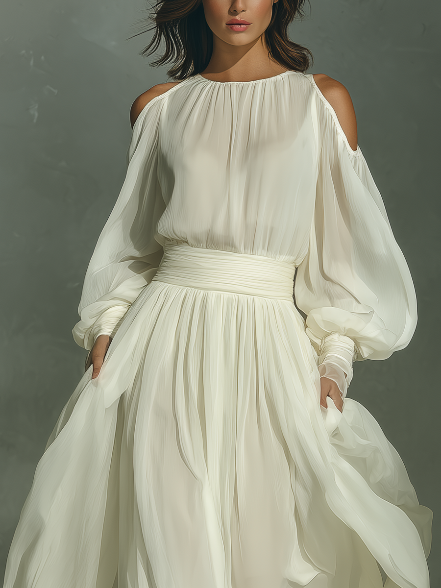Women's Ivory White Chiffon Off-the-shoulder Long Dress MDZ1417A3T