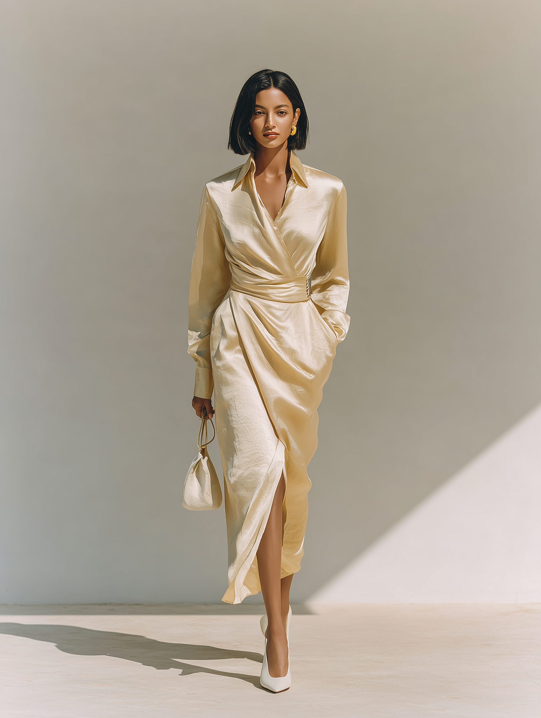 Women's Fashionable And Elegant Beige High-elastic Satin Shirt With Collar And Long Sleeves Paired With A Mid-length Skirt MDA1929K4AN